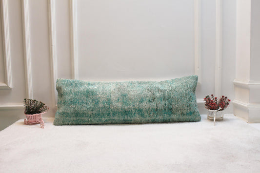 Vintage Turkish Rug Lumbar Pillow: Faded Mint Cream Print, 12x36