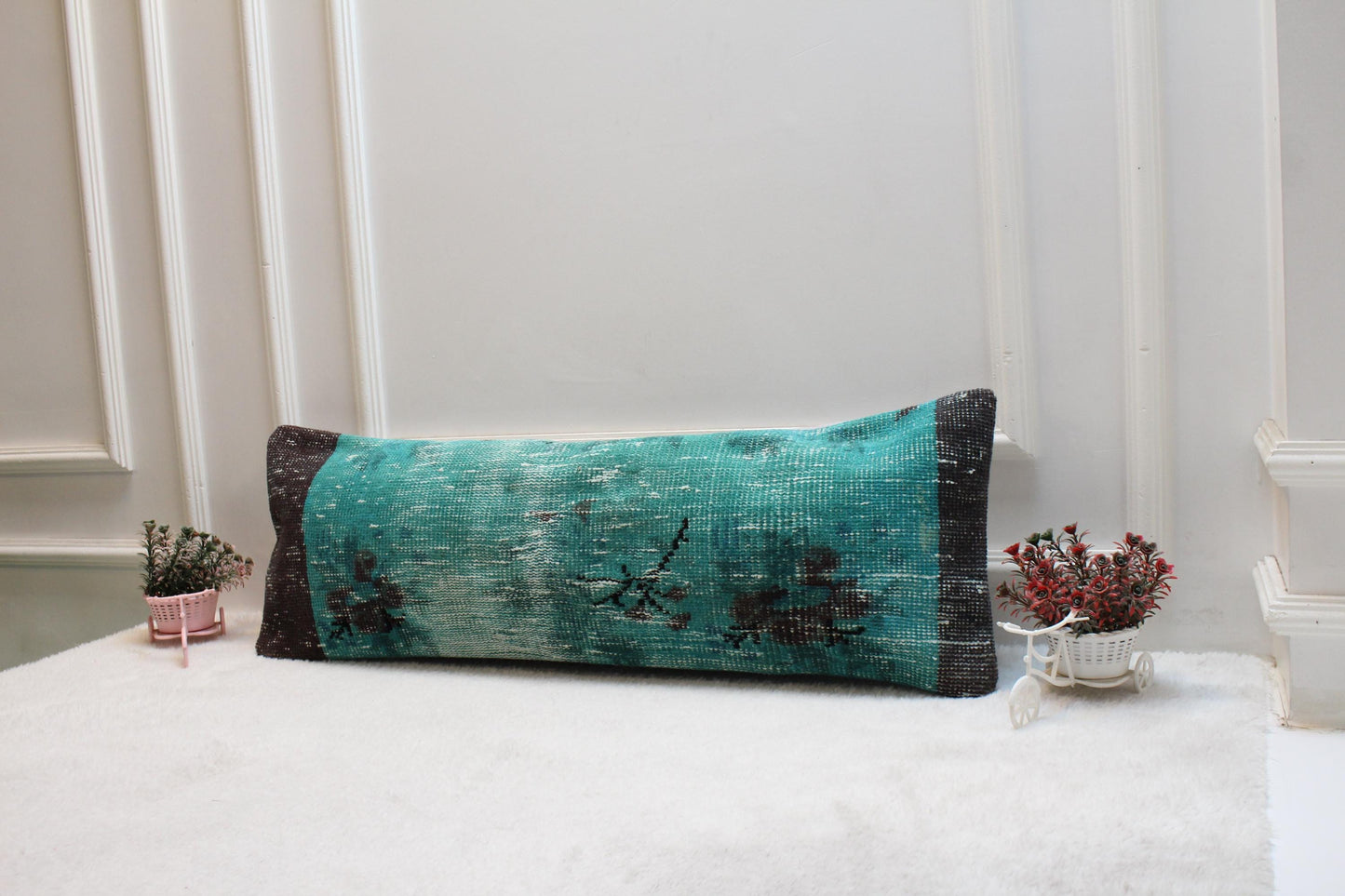 Boho Lumbar Pillow: Turquoise Floral Vintage Rug Print (12x36 inch)