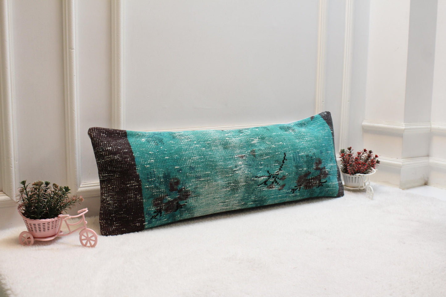 Boho Lumbar Pillow: Turquoise Floral Vintage Rug Print (12x36 inch)