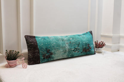 Boho Lumbar Pillow: Turquoise Floral Vintage Rug Print (12x36 inch)