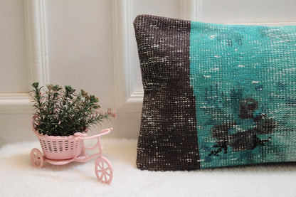 Boho Lumbar Pillow: Turquoise Floral Vintage Rug Print (12x36 inch)
