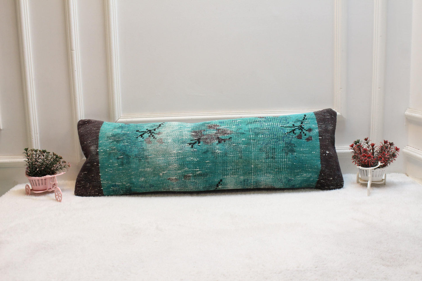 Vintage Turkish Rug Lumbar Pillow: Turquoise Boho Cushion (12x36 inch)