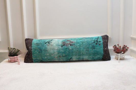 Vintage Turkish Rug Lumbar Pillow: Turquoise Boho Cushion (12x36 inch)
