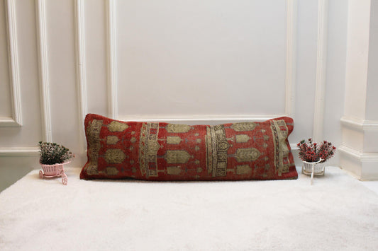Vintage Turkish Rug Lumbar Pillow: Rustic Red & Beige Accent (12x36 inch)
