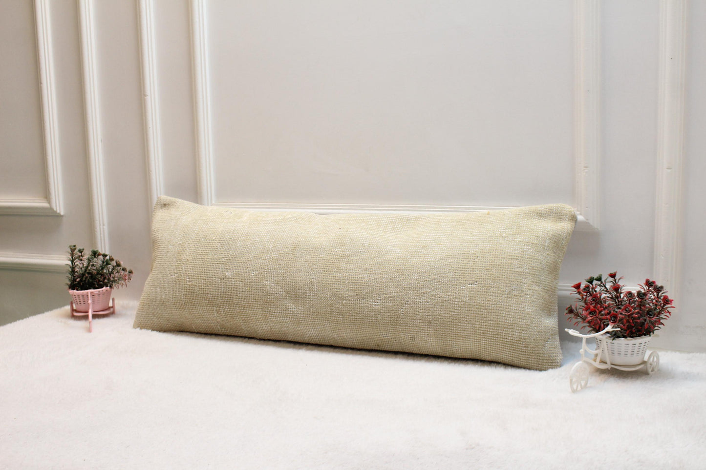 Beige Lumbar Pillow: 12x36 Turkish Rug Design, Neutral Tones