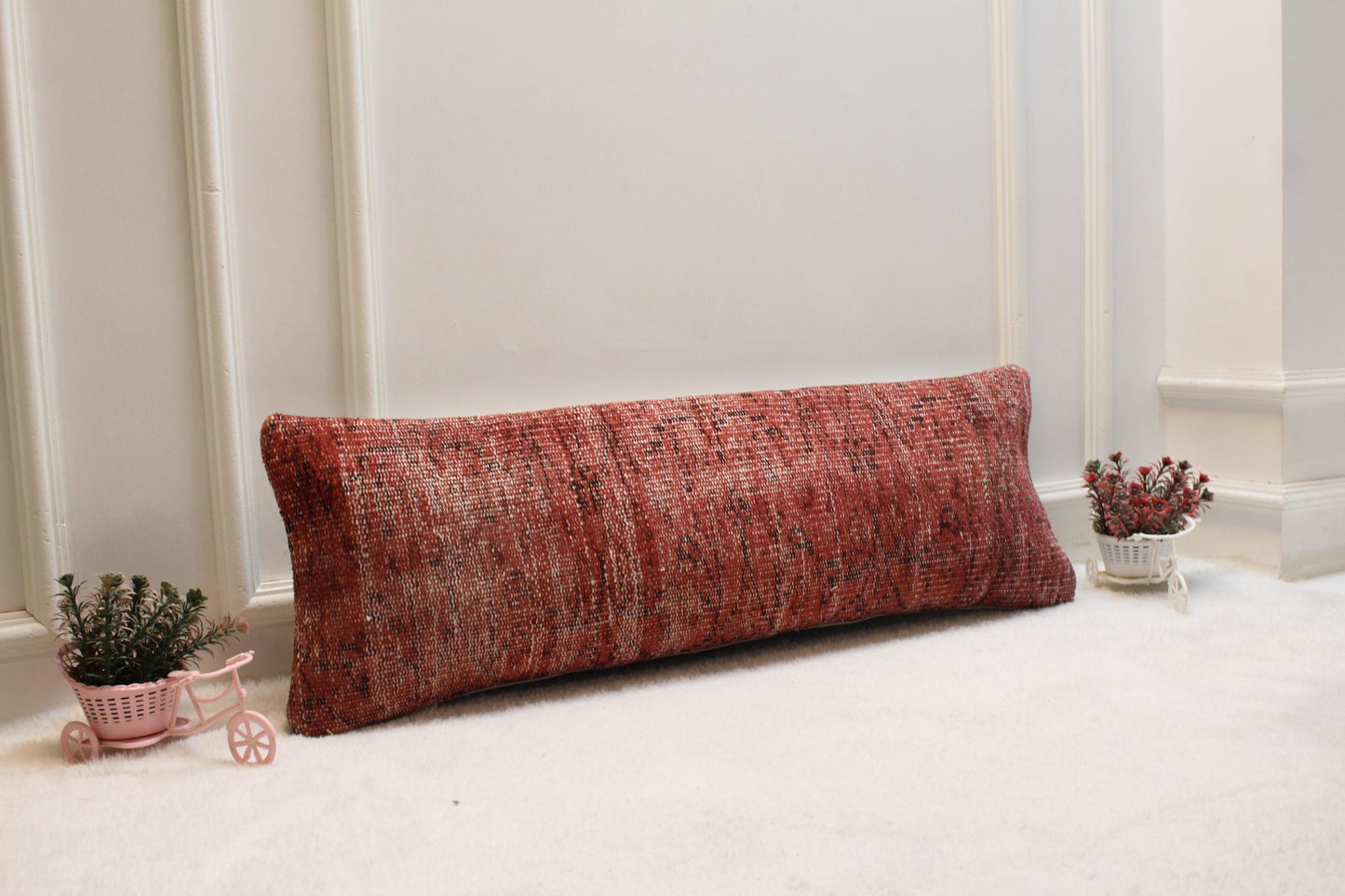Tribal Lumbar Pillow: Vintage Turkish Rug Cushion, Red Beige Olive (12x36 inch)