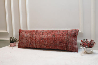 Tribal Lumbar Pillow: Vintage Turkish Rug Cushion, Red Beige Olive (12x36 inch)