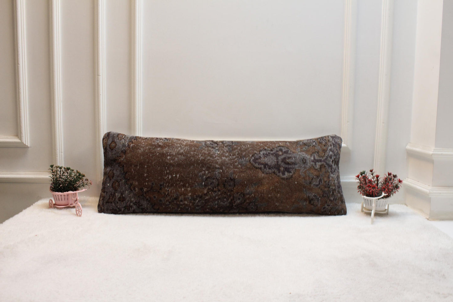 Vintage Turkish Rug Lumbar Pillow: Brown & Gray Farmhouse Style (12x36 inch)