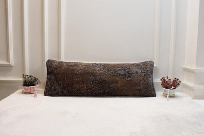 Vintage Turkish Rug Lumbar Pillow: Brown & Gray Farmhouse Style (12x36 inch)