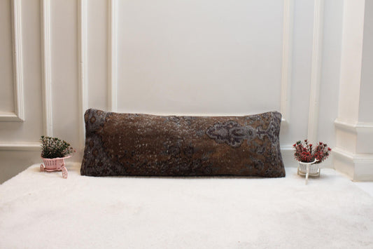 Vintage Turkish Rug Lumbar Pillow: Brown & Gray Farmhouse Style (12x36 inch)