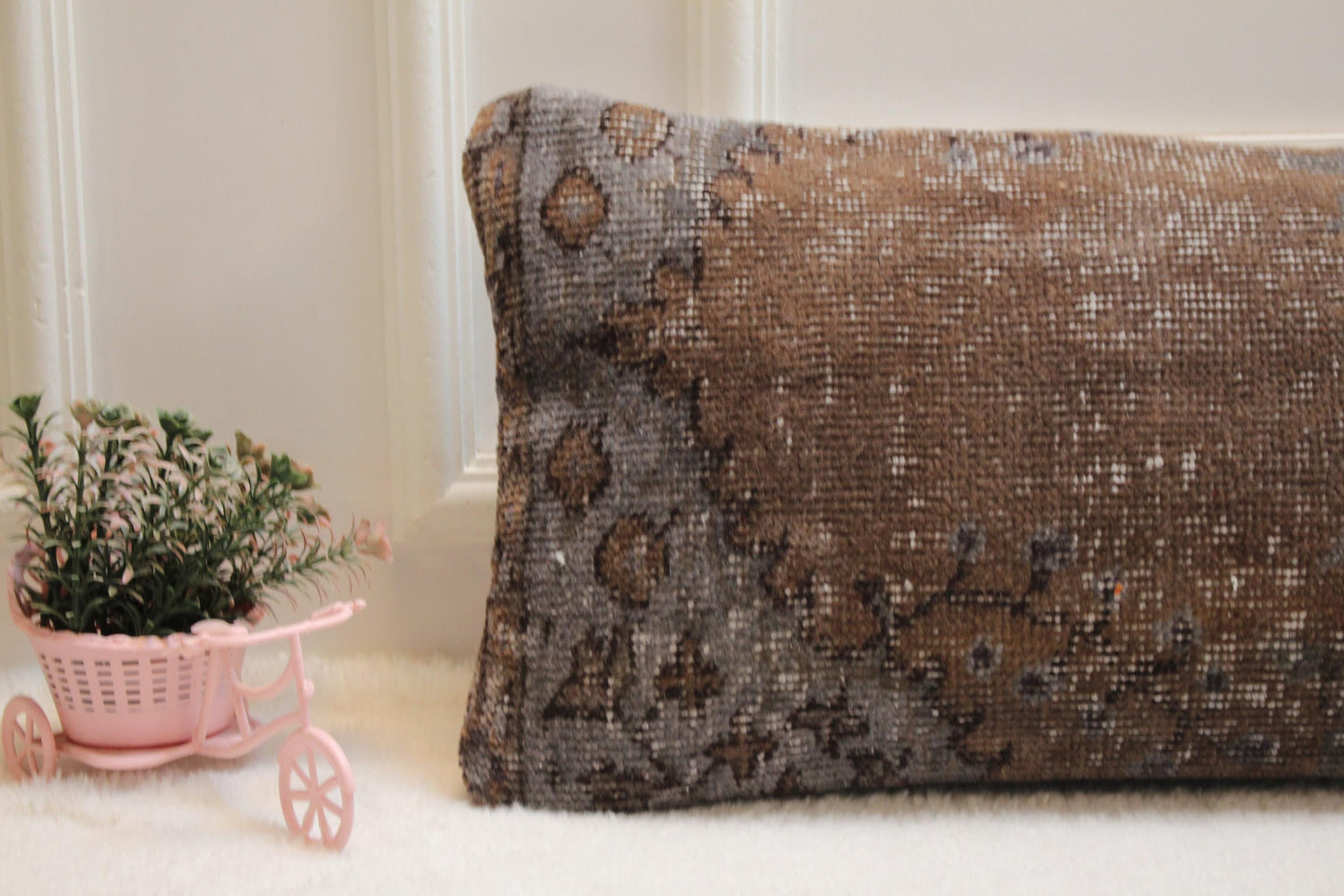 Vintage Turkish Rug Lumbar Pillow: Brown & Gray Farmhouse Style (12x36 inch)