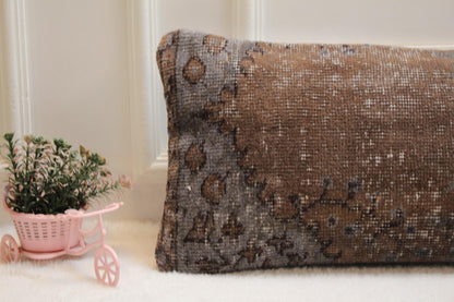 Vintage Turkish Rug Lumbar Pillow: Brown & Gray Farmhouse Style (12x36 inch)