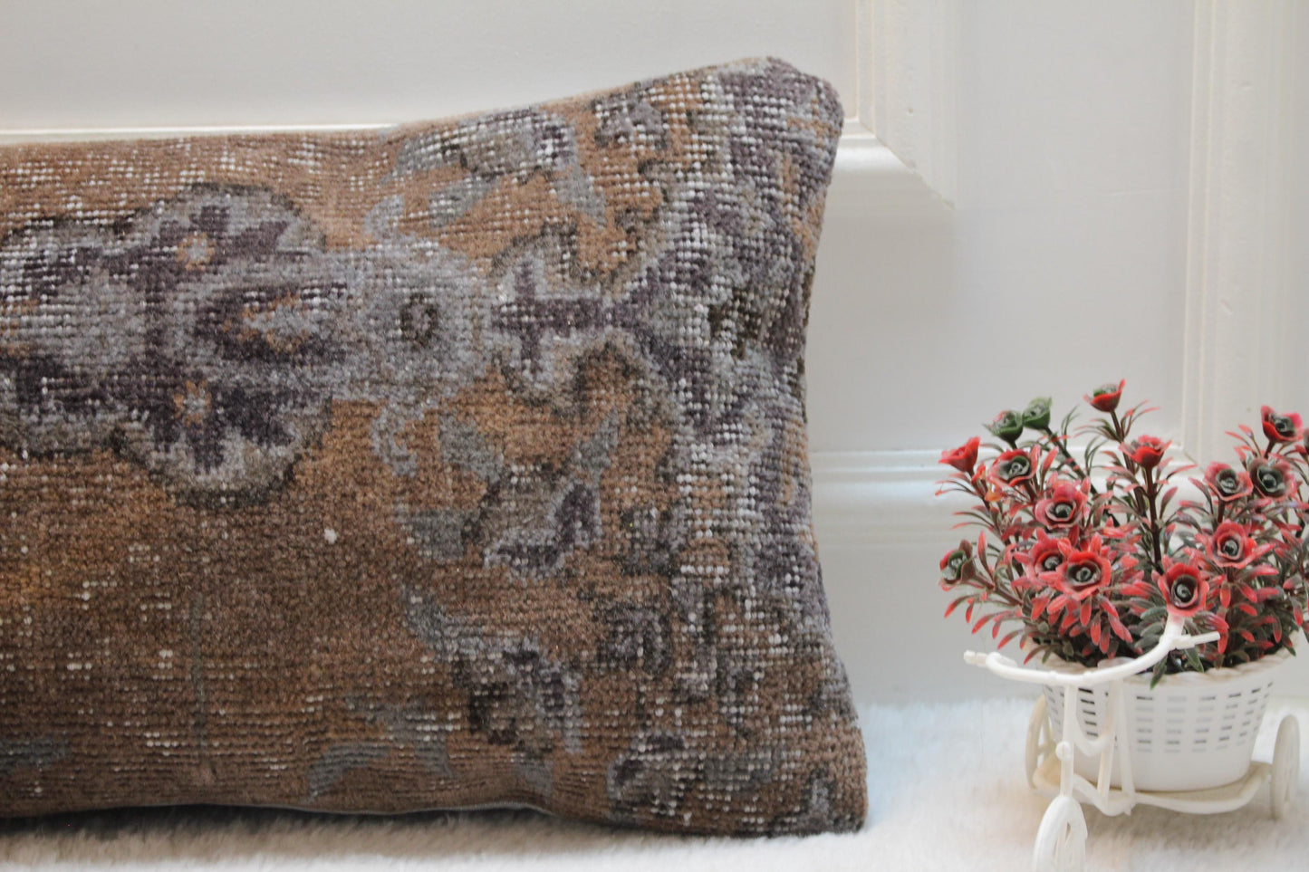 Vintage Turkish Rug Lumbar Pillow: Brown & Gray Farmhouse Style (12x36 inch)