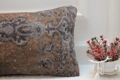 Vintage Turkish Rug Lumbar Pillow: Brown & Gray Farmhouse Style (12x36 inch)