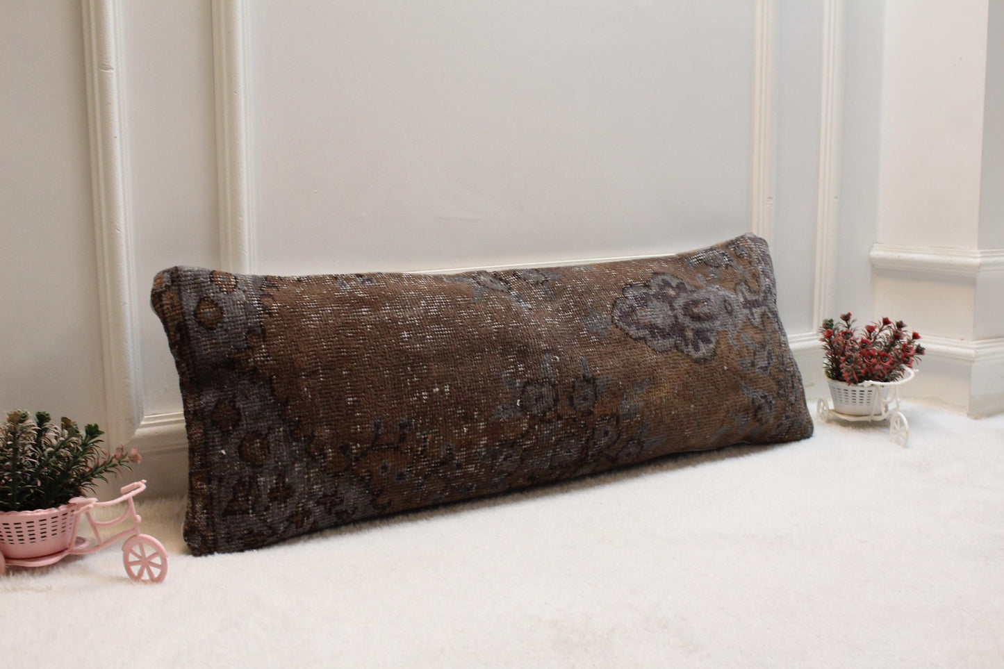 Vintage Turkish Rug Lumbar Pillow: Brown & Gray Farmhouse Style (12x36 inch)