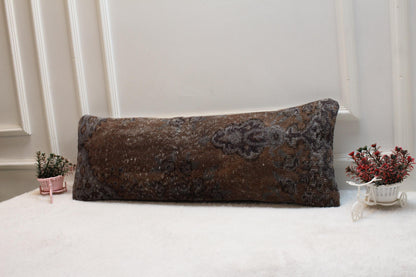 Vintage Turkish Rug Lumbar Pillow: Brown & Gray Farmhouse Style (12x36 inch)