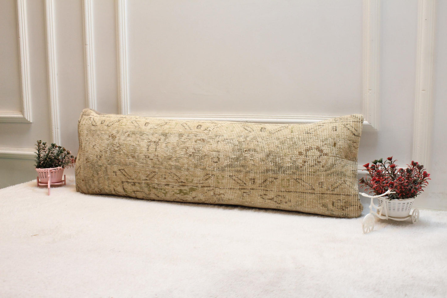 Cream Turkish Rug Lumbar Pillow Cover: Neutral Boho Decor (12x36 inch)