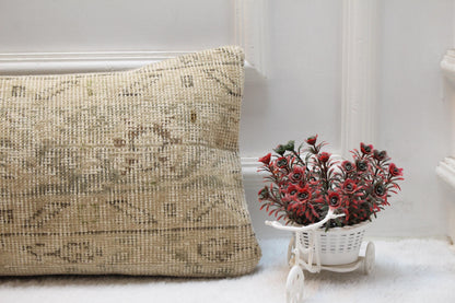Cream Turkish Rug Lumbar Pillow Cover: Neutral Boho Decor (12x36 inch)