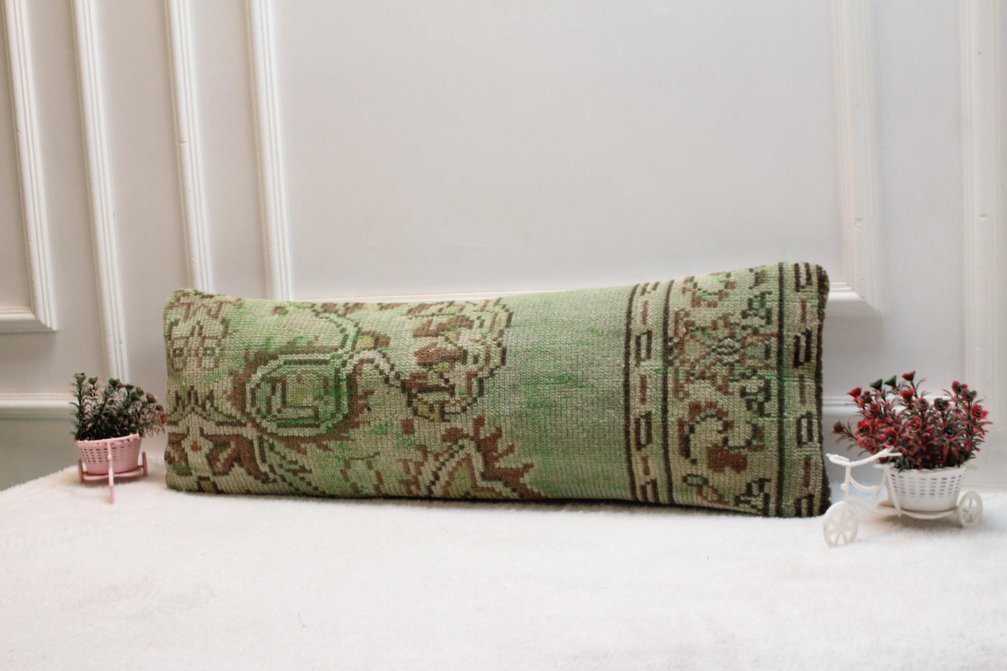 Green Lumbar Pillow Cover: Vintage Turkish Rug Print, Rustic Boho (12x36 inch)