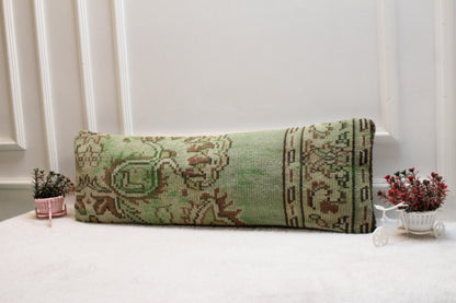 Green Lumbar Pillow Cover: Vintage Turkish Rug Print, Rustic Boho (12x36 inch)
