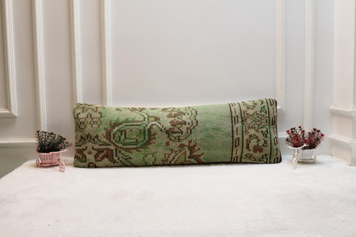 Green Lumbar Pillow Cover: Vintage Turkish Rug Print, Rustic Boho (12x36 inch)