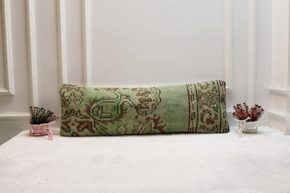 Green Lumbar Pillow Cover: Vintage Turkish Rug Print, Rustic Boho (12x36 inch)