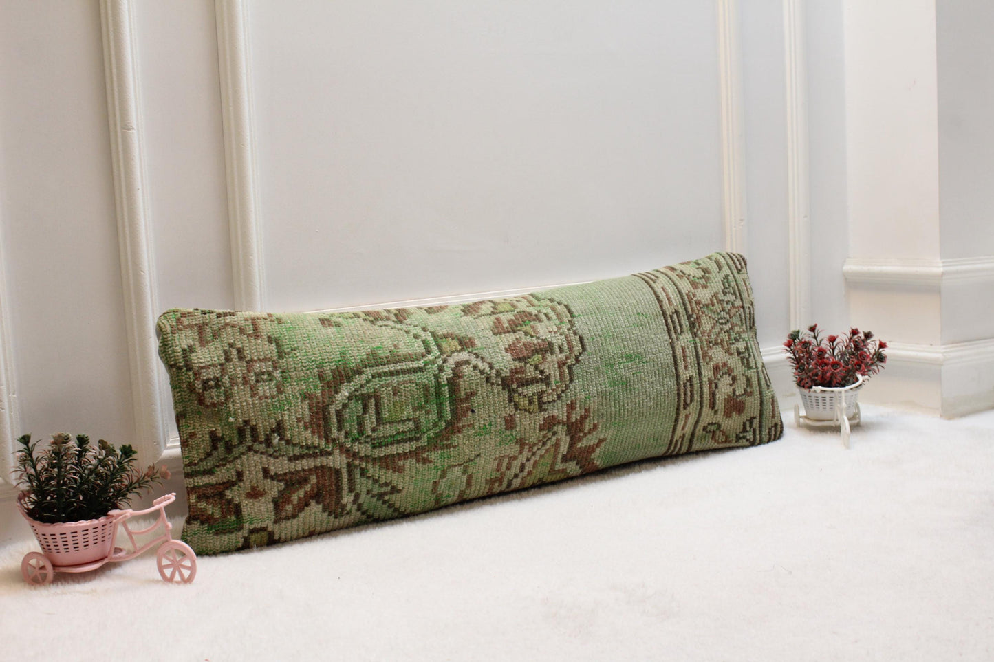 Green Lumbar Pillow Cover: Vintage Turkish Rug Print, Rustic Boho (12x36 inch)