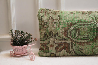 Green Lumbar Pillow Cover: Vintage Turkish Rug Print, Rustic Boho (12x36 inch)