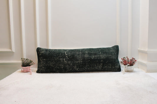 Vintage Turkish Rug Lumbar Pillow Cover: Dark Green Boho Accent (12x36)