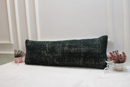 Vintage Turkish Rug Lumbar Pillow Cover: Dark Green Boho Accent (12x36)