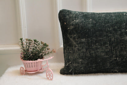 Vintage Turkish Rug Lumbar Pillow Cover: Dark Green Boho Accent (12x36)