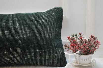 Vintage Turkish Rug Lumbar Pillow Cover: Dark Green Boho Accent (12x36)