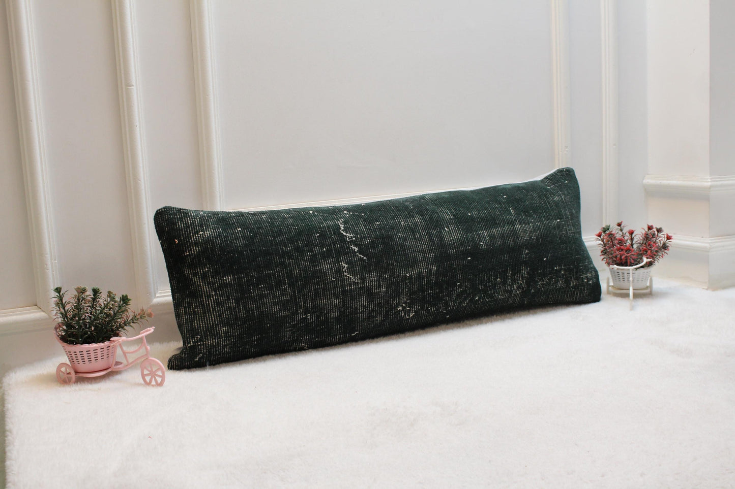 Vintage Turkish Rug Lumbar Pillow Cover: Dark Green Boho Accent (12x36)