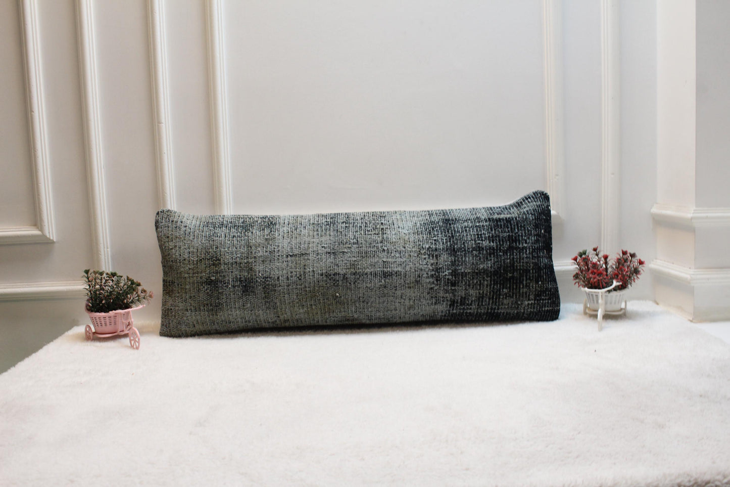 Black Turkish Rug Lumbar Pillow Cover: Vintage Woven Wool, 12x36 inch
