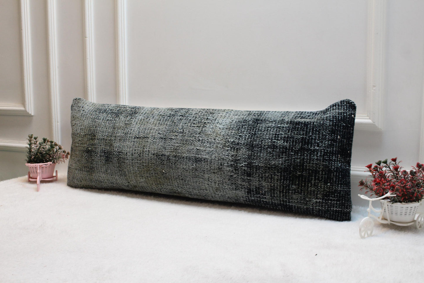 Black Turkish Rug Lumbar Pillow Cover: Vintage Woven Wool, 12x36 inch