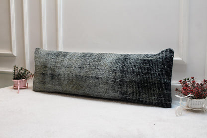 Black Turkish Rug Lumbar Pillow Cover: Vintage Woven Wool, 12x36 inch
