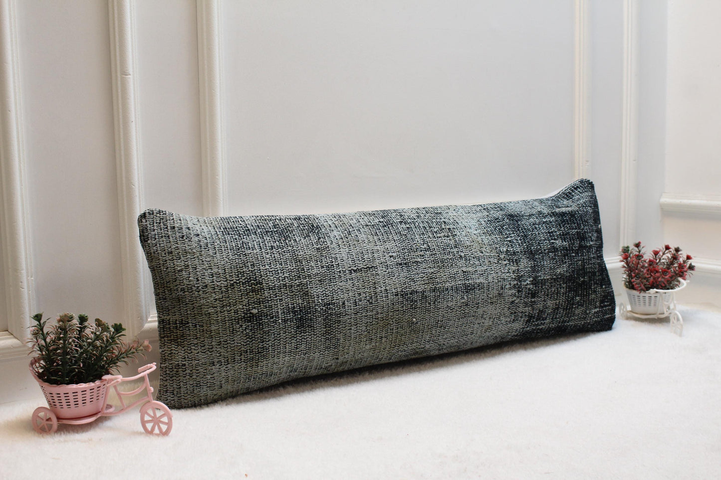 Black Turkish Rug Lumbar Pillow Cover: Vintage Woven Wool, 12x36 inch