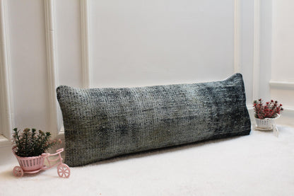 Black Turkish Rug Lumbar Pillow Cover: Vintage Woven Wool, 12x36 inch