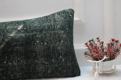 Vintage Kilim Lumbar Pillow Cover 12x36 – Forest Green Turkish Wool Cushion