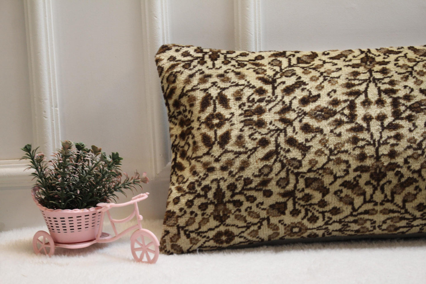 Handwoven Kilim Lumbar Pillow Cover 12x36 – Beige & Brown Floral