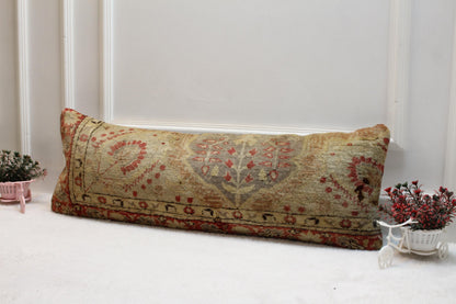 Turkish Kilim Lumbar Pillow 12x36 – Woven Red Beige Wool Cushion