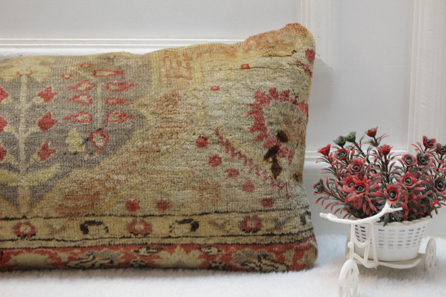 Turkish Kilim Lumbar Pillow 12x36 – Woven Red Beige Wool Cushion