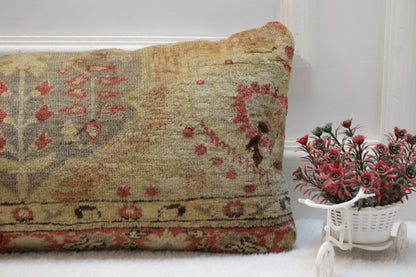 Turkish Kilim Lumbar Pillow 12x36 – Woven Red Beige Wool Cushion