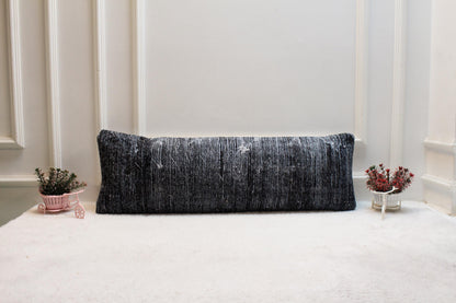 Handmade Turkish Kilim Lumbar Pillow – Black and White Wool Cushion 12x36