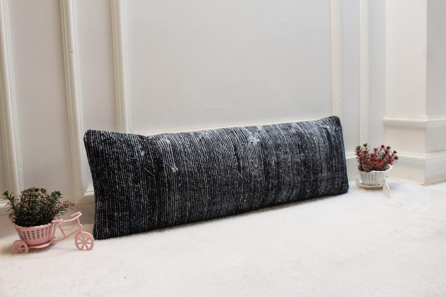 Handmade Turkish Kilim Lumbar Pillow – Black and White Wool Cushion 12x36