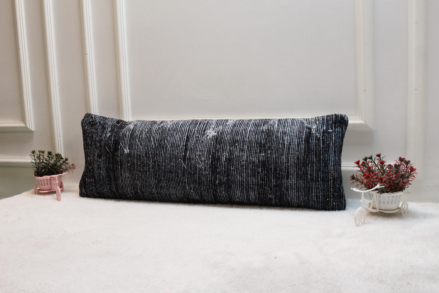 Handmade Turkish Kilim Lumbar Pillow – Black and White Wool Cushion 12x36