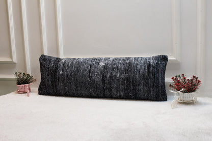 Handmade Turkish Kilim Lumbar Pillow – Black and White Wool Cushion 12x36