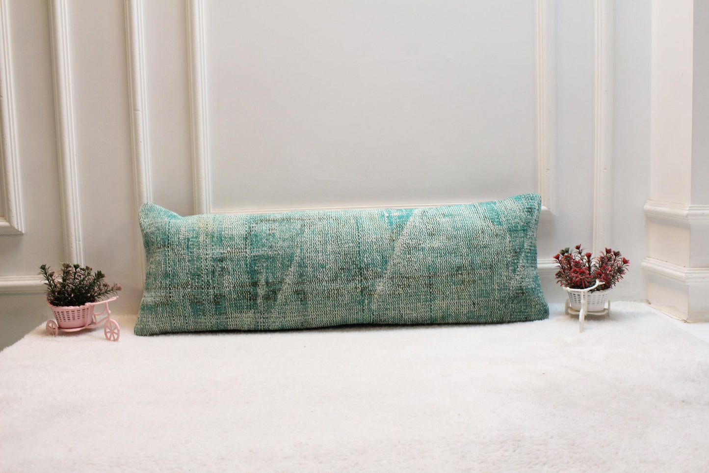 Pastel Mint Vintage Kilim Cushion – 12x36” Wool Lumbar Pillow, Turkish Handwoven Textile