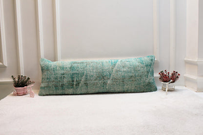 Pastel Mint Vintage Kilim Cushion – 12x36” Wool Lumbar Pillow, Turkish Handwoven Textile