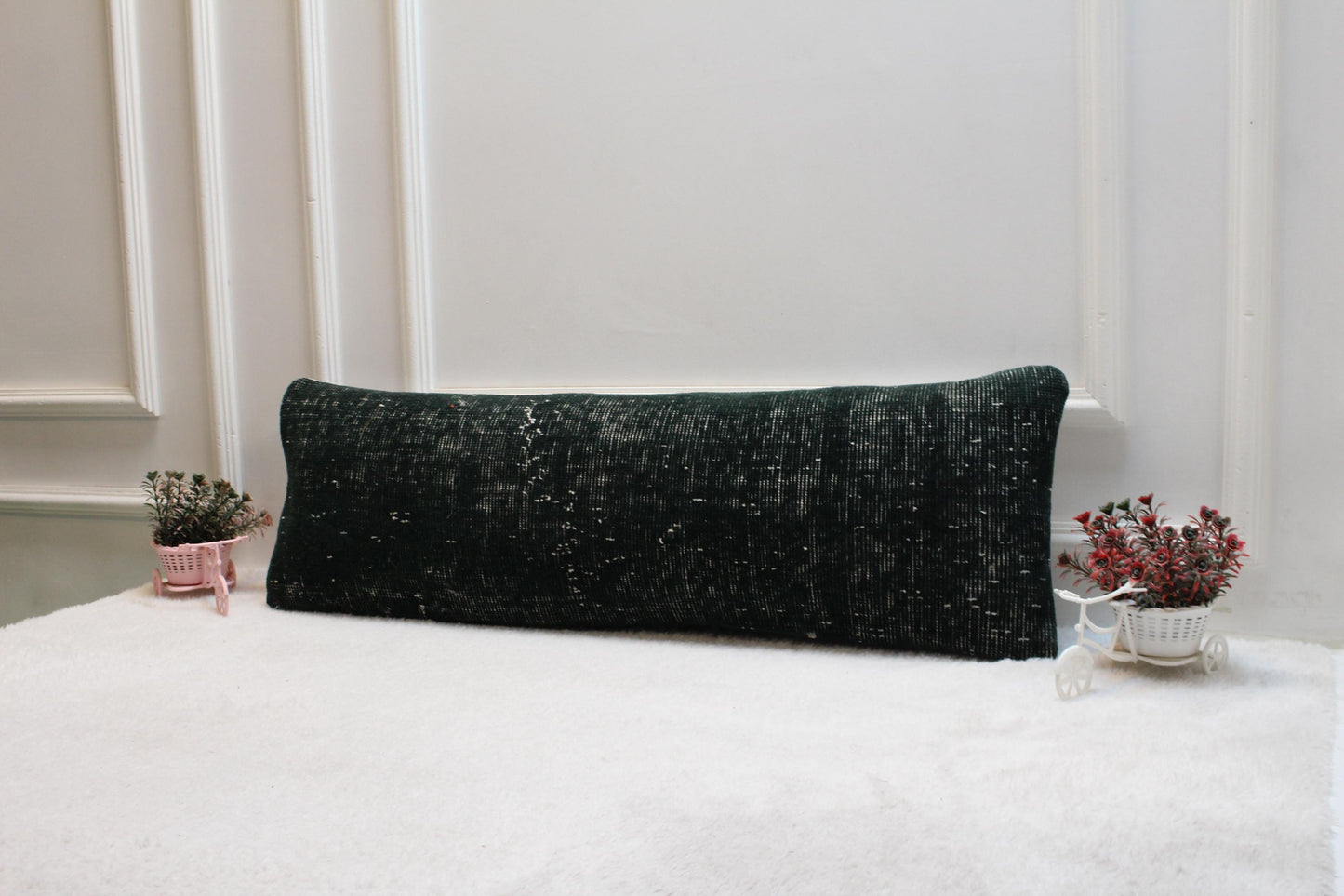 Handwoven Wool Kilim Lumbar Pillow – Dark Green Turkish Cushion (12x36”)